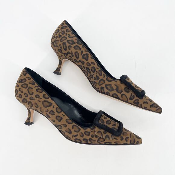 Manolo Blahnik Leopard Calfskin Suede Maysale Buckle Kitten Heel Pumps IT 39 - Picture 3 of 11